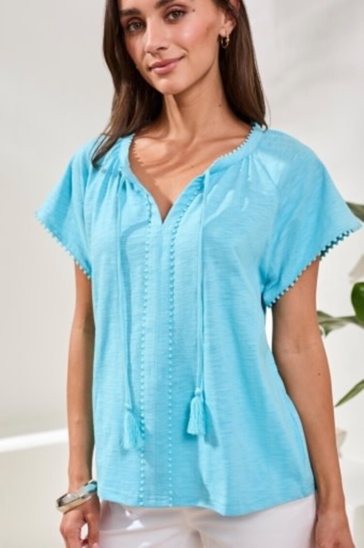 Tribal S/S SPLIT NECK TOP W/TASSEL-2475O
