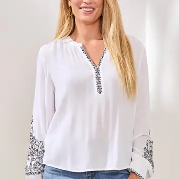 Tribal Tribal Long Sleeve Blouse W/ Embroidered Detail 3114O