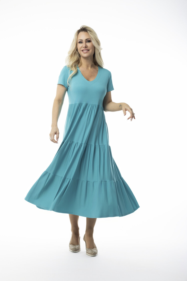 Pure Essence Pure Essence 210-5020 Multi Tiered Bamboo V Neckline Short Sleeve Dress