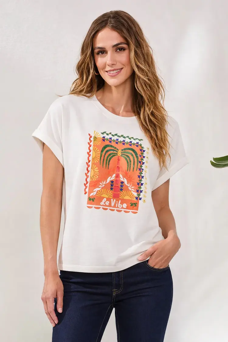 Tribal Tribal Crew Dolman Sleeve W/ Beaded Detail Print 6100O