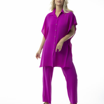Pure Essence Pure Essence Dolman Short Sleeve Long Button Up Collared Top 256-4991