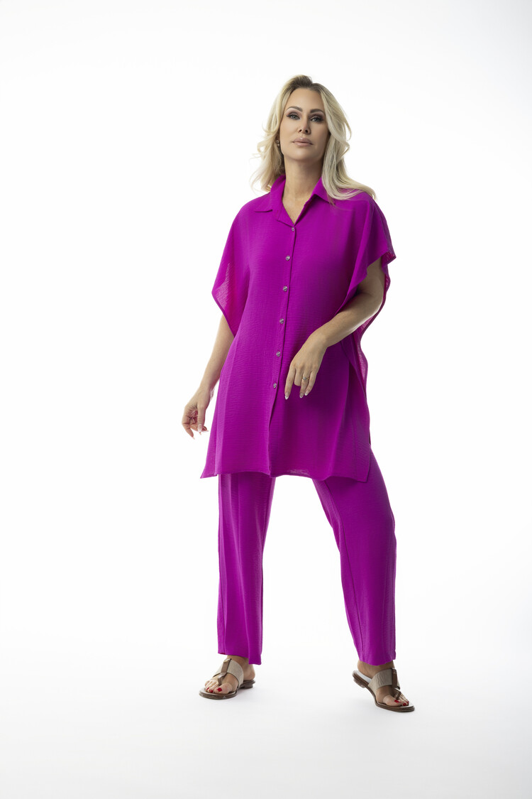 Pure Essence Pure Essence Dolman Short Sleeve Long Button Up Collared Top 256-4991