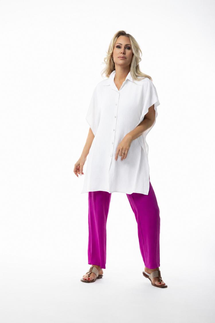 Pure Essence Pure Essence Dolman Short Sleeve Long Button Up Collared Top 256-4991