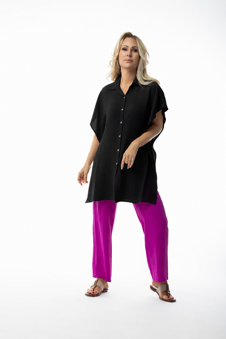 Pure Essence Pure Essence Dolman Short Sleeve Long Button Up Collared Top 256-4991