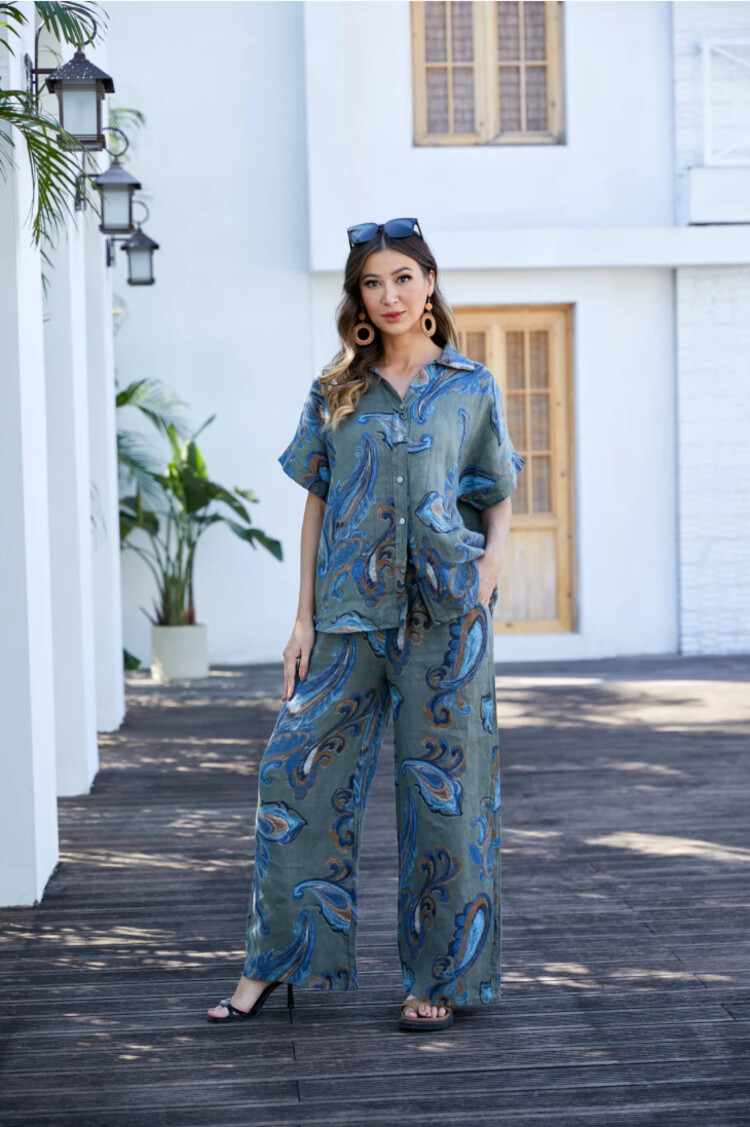 Orange Fashion Lorenza’s Paisley Print Linen Shirt NV-4603