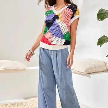 Tribal Tribal Cap Sleeve V Neck Sweater 6125O