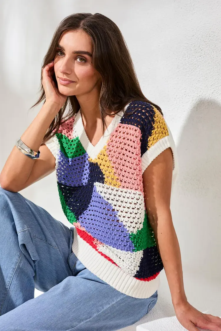 Tribal Tribal Cap Sleeve V Neck Sweater 6125O