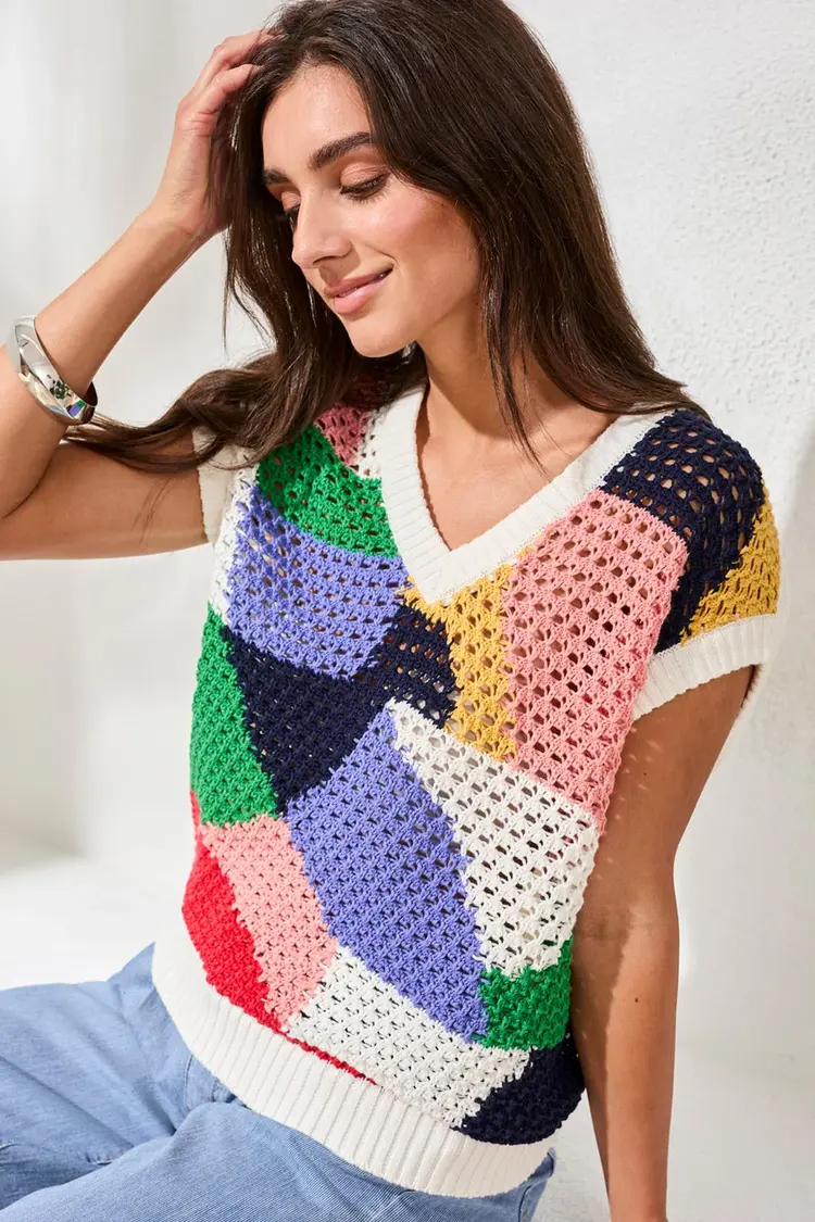 Tribal Tribal Cap Sleeve V Neck Sweater 6125O