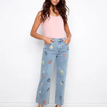 Charlie B Charlie B All Over Floral Embroidered Wide Leg Stretch Denim Pants C5744