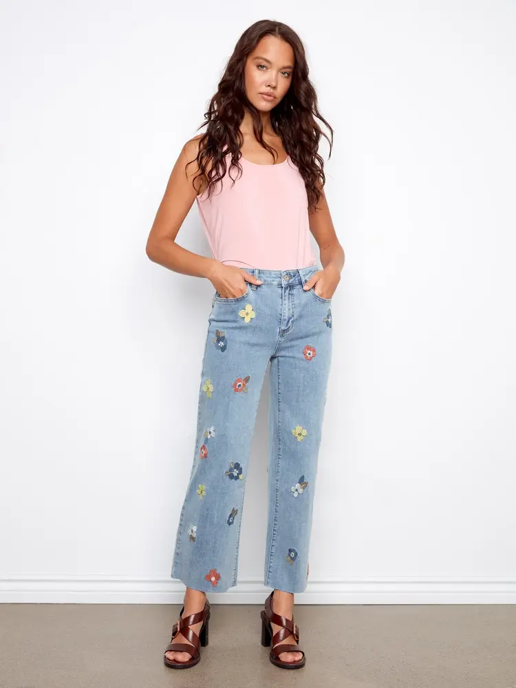 Charlie B Charlie B All Over Floral Embroidered Wide Leg Stretch Denim Pants C5744