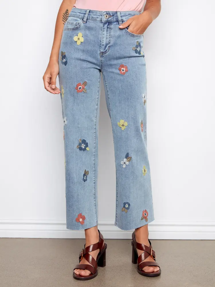 Charlie B Charlie B All Over Floral Embroidered Wide Leg Stretch Denim Pants C5744