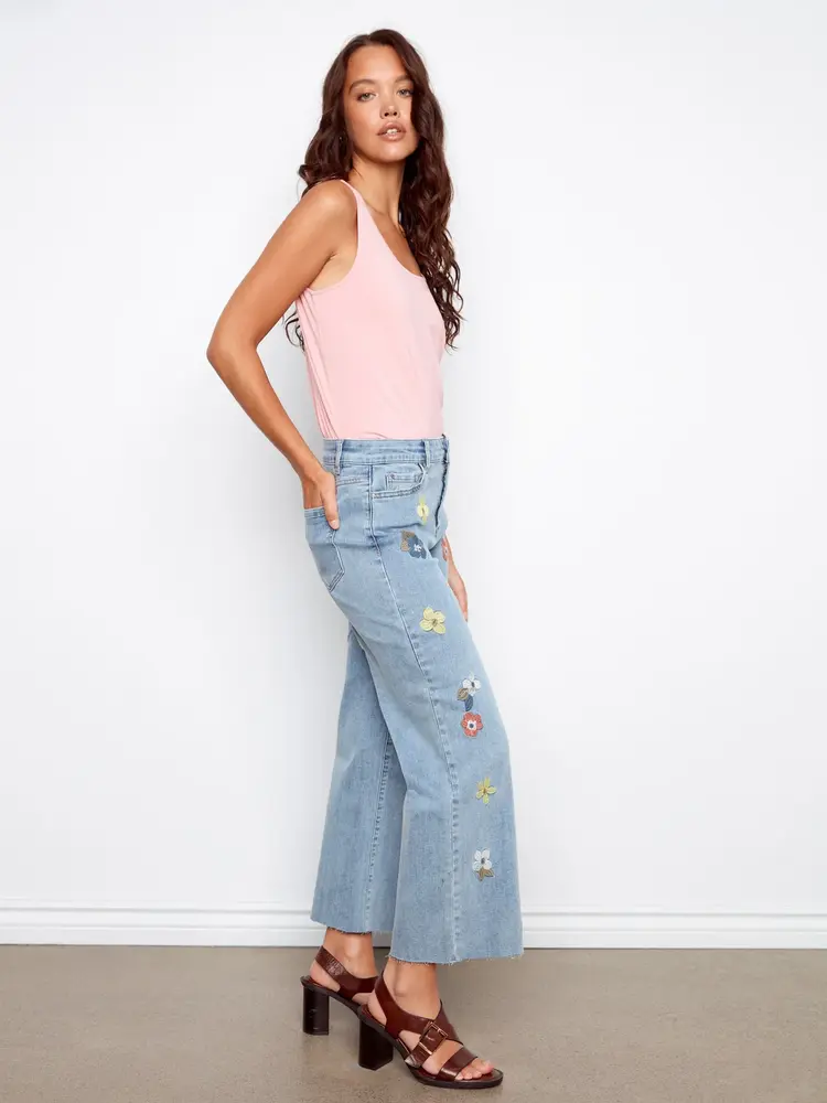 Charlie B Charlie B All Over Floral Embroidered Wide Leg Stretch Denim Pants C5744