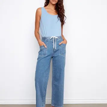 Charlie B Charlie B Drawstring Wide Leg Denim Pants W/ Patch Pockets C5738