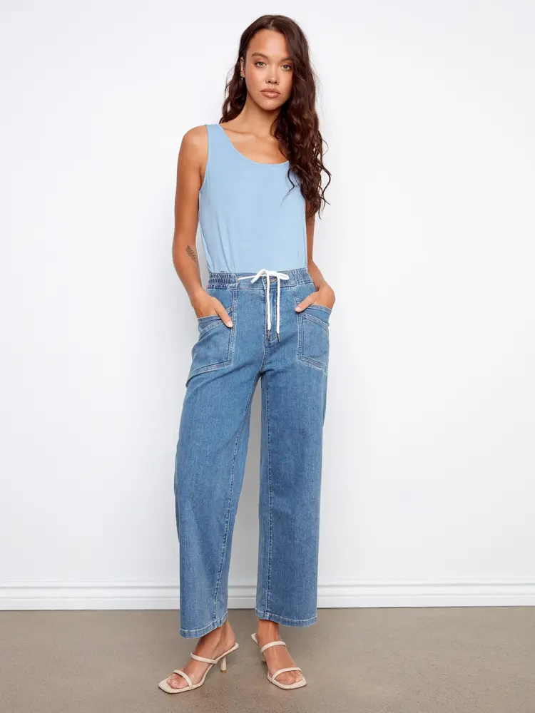 Charlie B Charlie B Drawstring Wide Leg Denim Pants W/ Patch Pockets C5738
