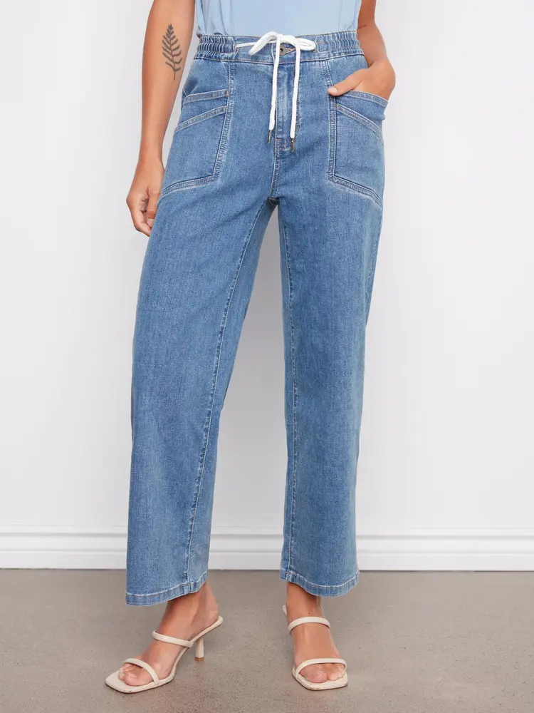 Charlie B Charlie B Drawstring Wide Leg Denim Pants W/ Patch Pockets C5738