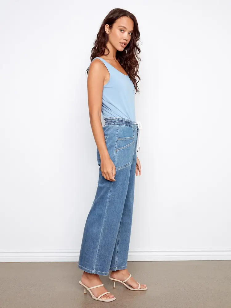 Charlie B Charlie B Drawstring Wide Leg Denim Pants W/ Patch Pockets C5738