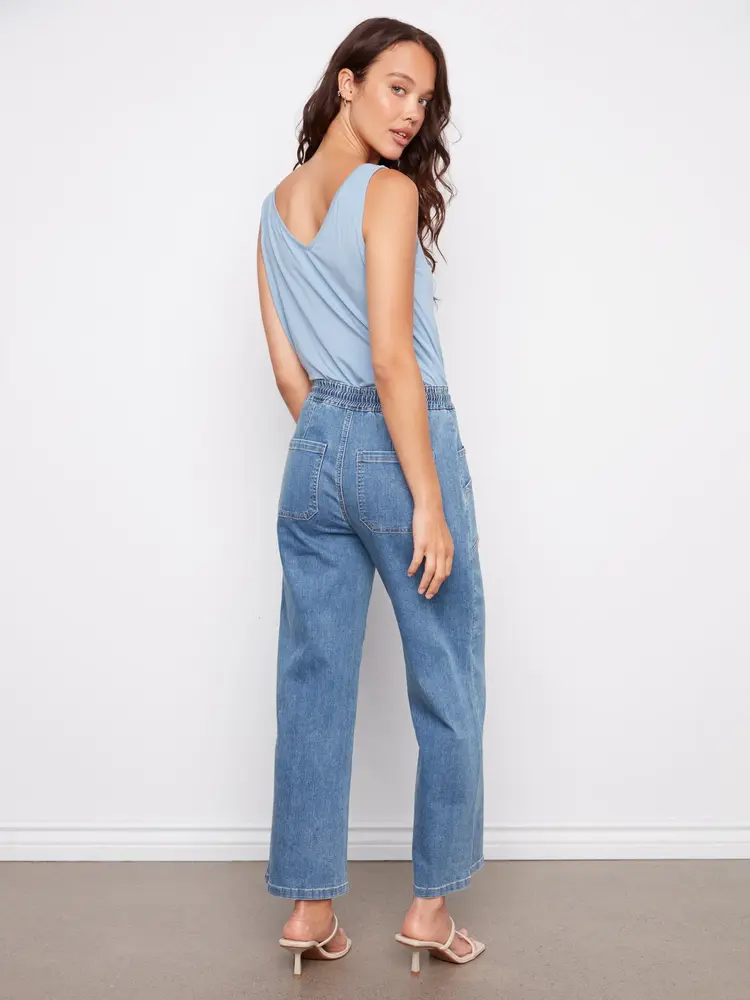 Charlie B Charlie B Drawstring Wide Leg Denim Pants W/ Patch Pockets C5738