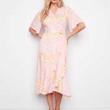 Charlie B Charlie B Printed Flutter Elbow Sleeve Fake Wrap Dress W/ Self Belt C3256
