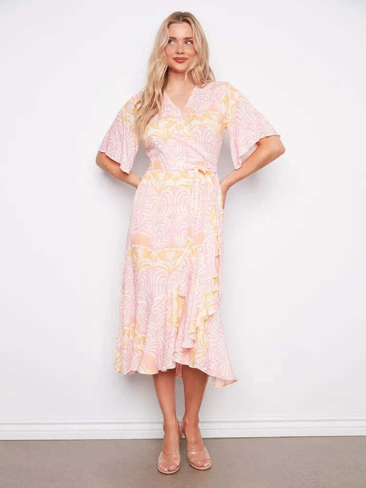 Charlie B Charlie B Printed Flutter Elbow Sleeve Fake Wrap Dress W/ Self Belt C3256