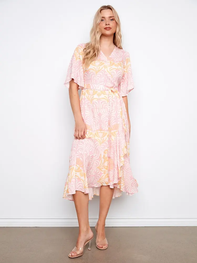Charlie B Charlie B Printed Flutter Elbow Sleeve Fake Wrap Dress W/ Self Belt C3256