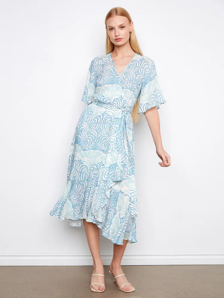 Charlie B Charlie B Printed Flutter Elbow Sleeve Fake Wrap Dress W/ Self Belt C3256