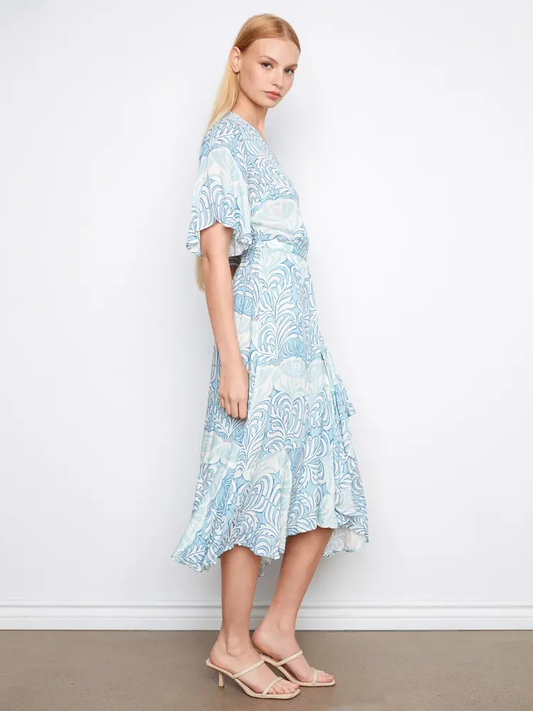 Charlie B Charlie B Printed Flutter Elbow Sleeve Fake Wrap Dress W/ Self Belt C3256