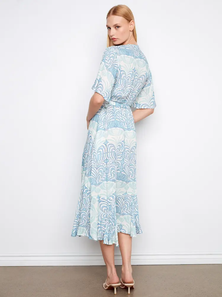 Charlie B Charlie B Printed Flutter Elbow Sleeve Fake Wrap Dress W/ Self Belt C3256