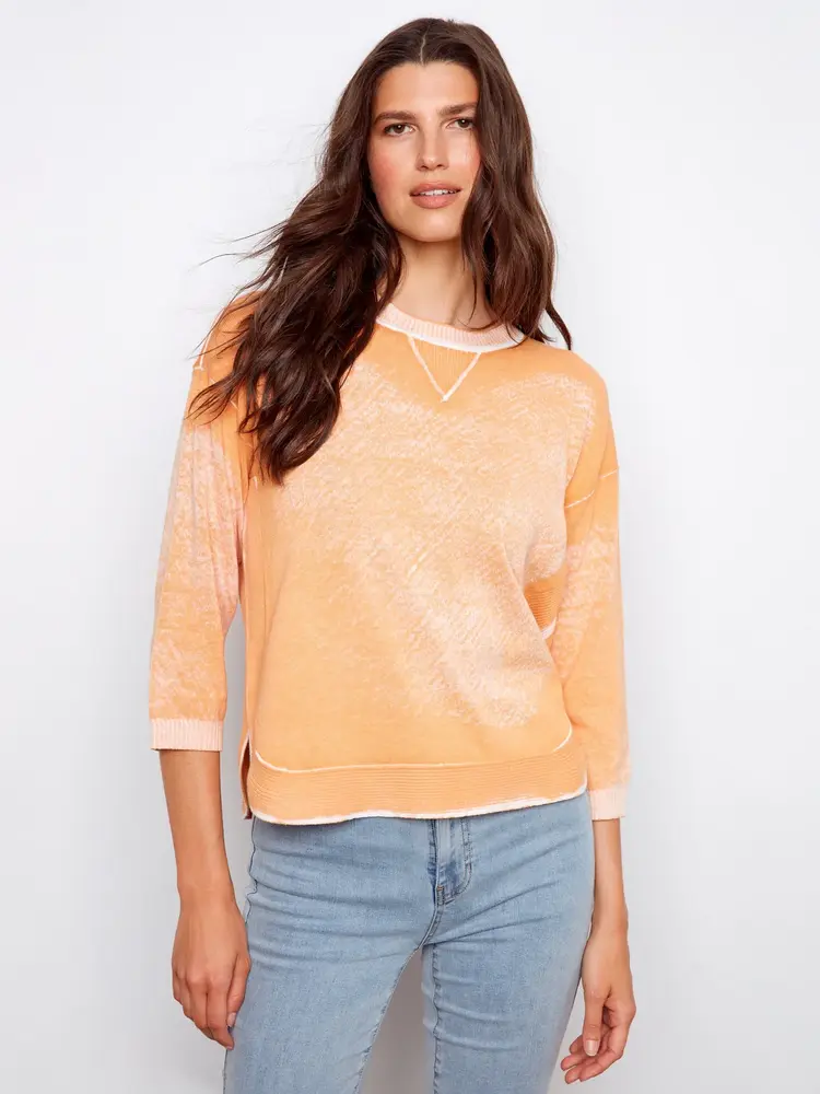 Charlie B Charlie B Reversed Print 3/4 Sleeve Sweater With Curved Hem C2964