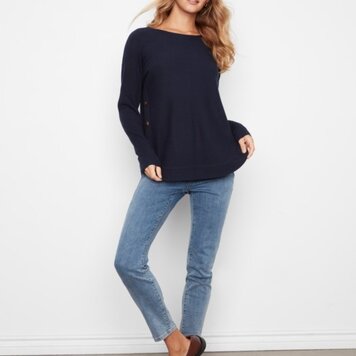Charlie B Charlie B Long Sleeve Boat Neck Sweater W/ Side Button Detail C2871