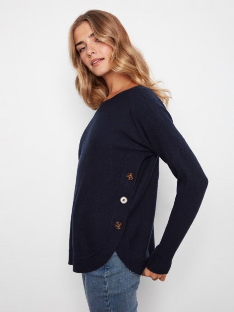Charlie B Charlie B Long Sleeve Boat Neck Sweater W/ Side Button Detail C2871