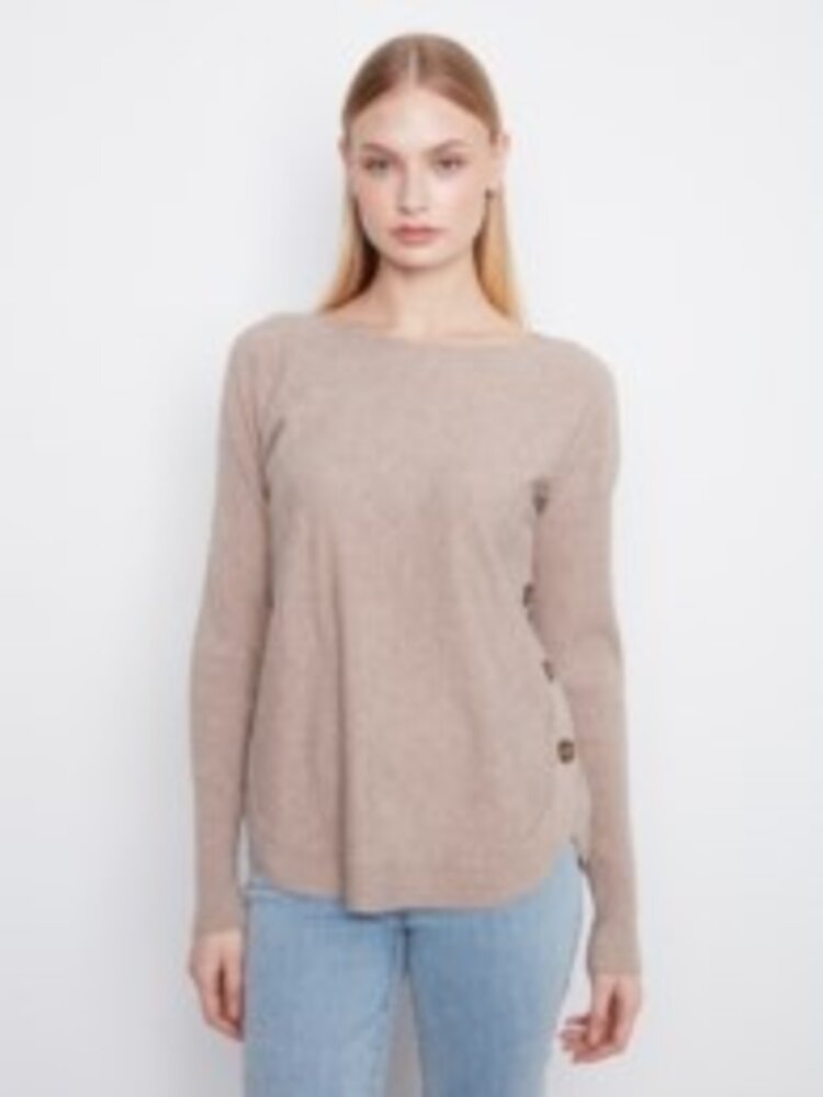 Charlie B Charlie B Long Sleeve Boat Neck Sweater W/ Side Button Detail C2871