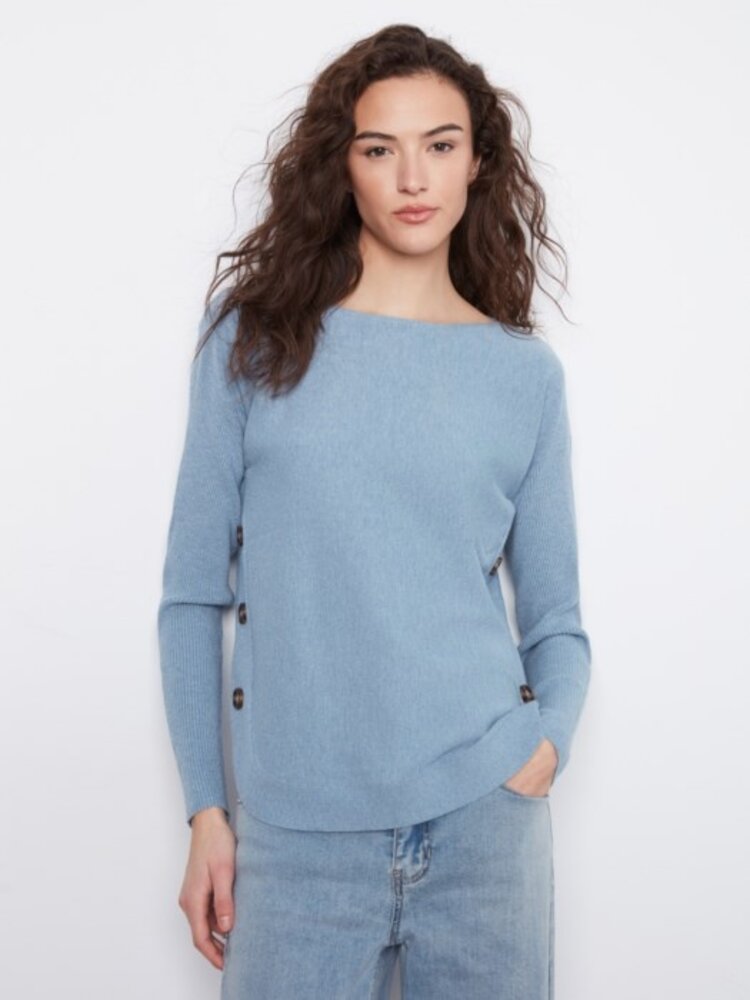 Charlie B Charlie B Long Sleeve Boat Neck Sweater W/ Side Button Detail C2871
