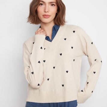 Charlie B Charlie B Long Sleeve Woven  Shirt Collar Drop Shoulder Sweater W/ Heart Detail C2084