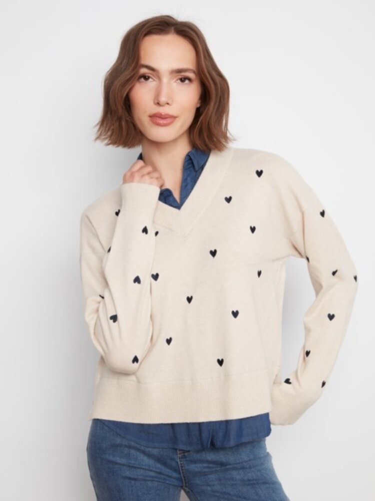 Charlie B Charlie B Long Sleeve Woven  Shirt Collar Drop Shoulder Sweater W/ Heart Detail C2084