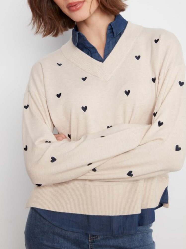Charlie B Charlie B Long Sleeve Woven  Shirt Collar Drop Shoulder Sweater W/ Heart Detail C2084
