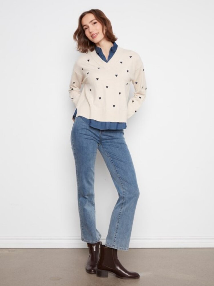 Charlie B Charlie B Long Sleeve Woven  Shirt Collar Drop Shoulder Sweater W/ Heart Detail C2084