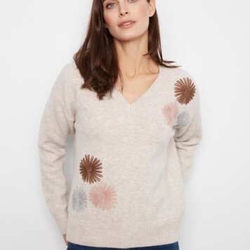 Charlie B Charlie B Long Sleeve V Neck Oversized Sweater W/ Embroidery C2056