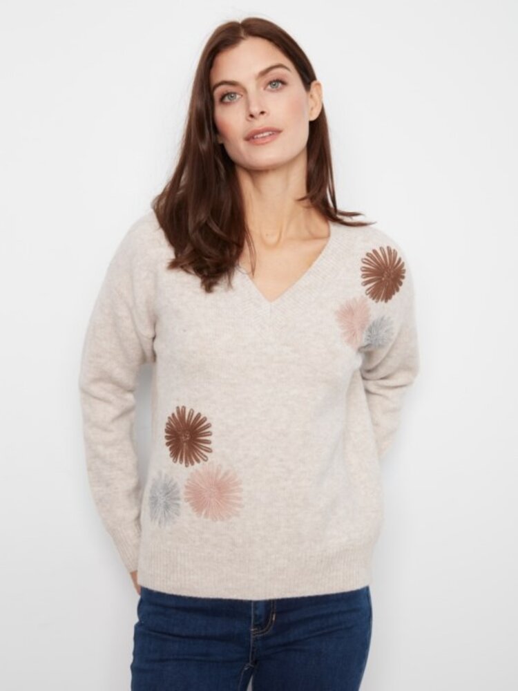 Charlie B Charlie B Long Sleeve V Neck Oversized Sweater W/ Embroidery C2056