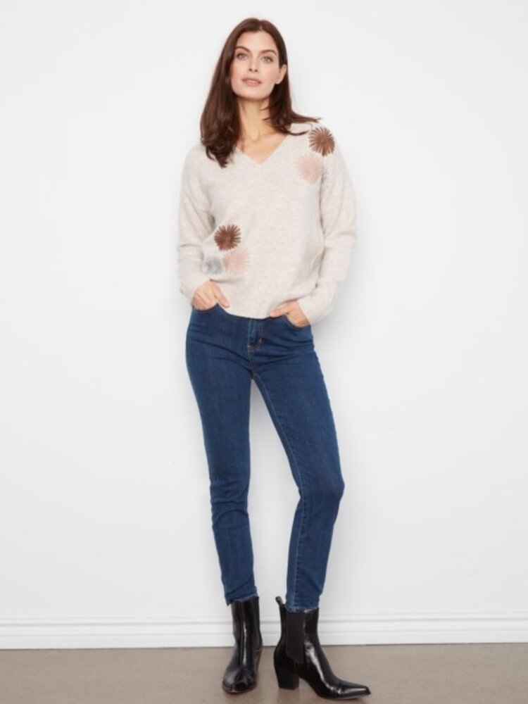 Charlie B Charlie B Long Sleeve V Neck Oversized Sweater W/ Embroidery C2056