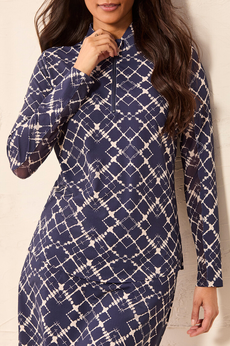 Tribal Tribal Long Sleeve Zip Mock Neck Top W/ Side Slits 1410O