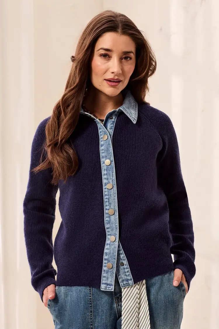 Tribal Tribal Mixed Media Sweater Jacket With Denim Detail 6350O