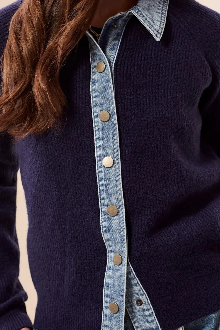 Tribal Tribal Mixed Media Sweater Jacket With Denim Detail 6350O