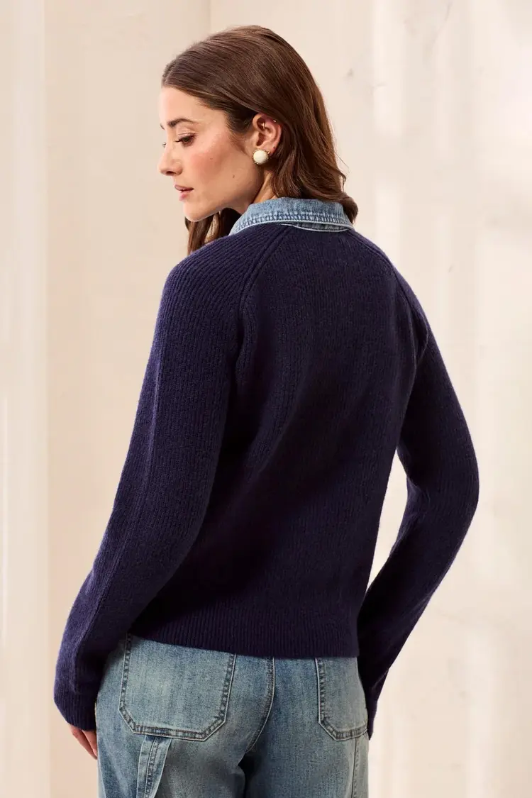 Tribal Tribal Mixed Media Sweater Jacket With Denim Detail 6350O