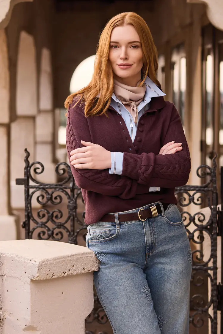 Tribal Tribal Long Sleeve Polo Sweater With Cables Detail 3214O
