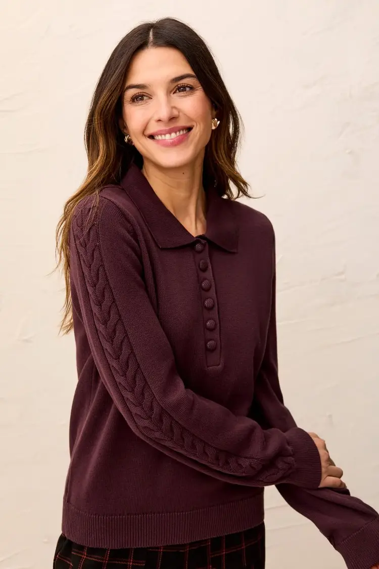 Tribal Tribal Long Sleeve Polo Sweater With Cables Detail 3214O