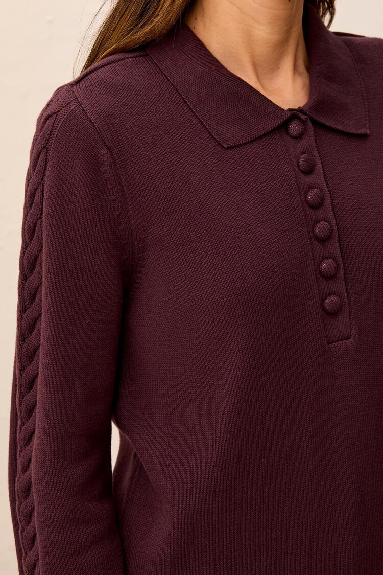 Tribal Tribal Long Sleeve Polo Sweater With Cables Detail 3214O