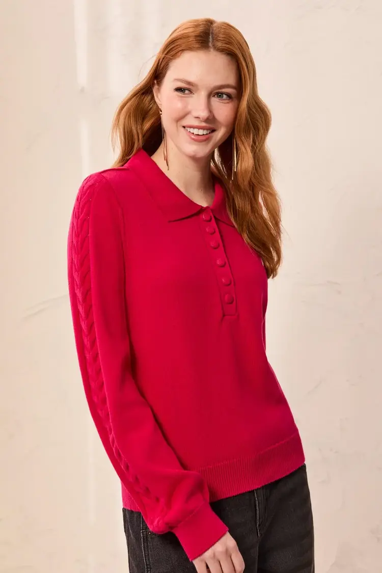 Tribal Tribal Long Sleeve Polo Sweater With Cables Detail 3214O