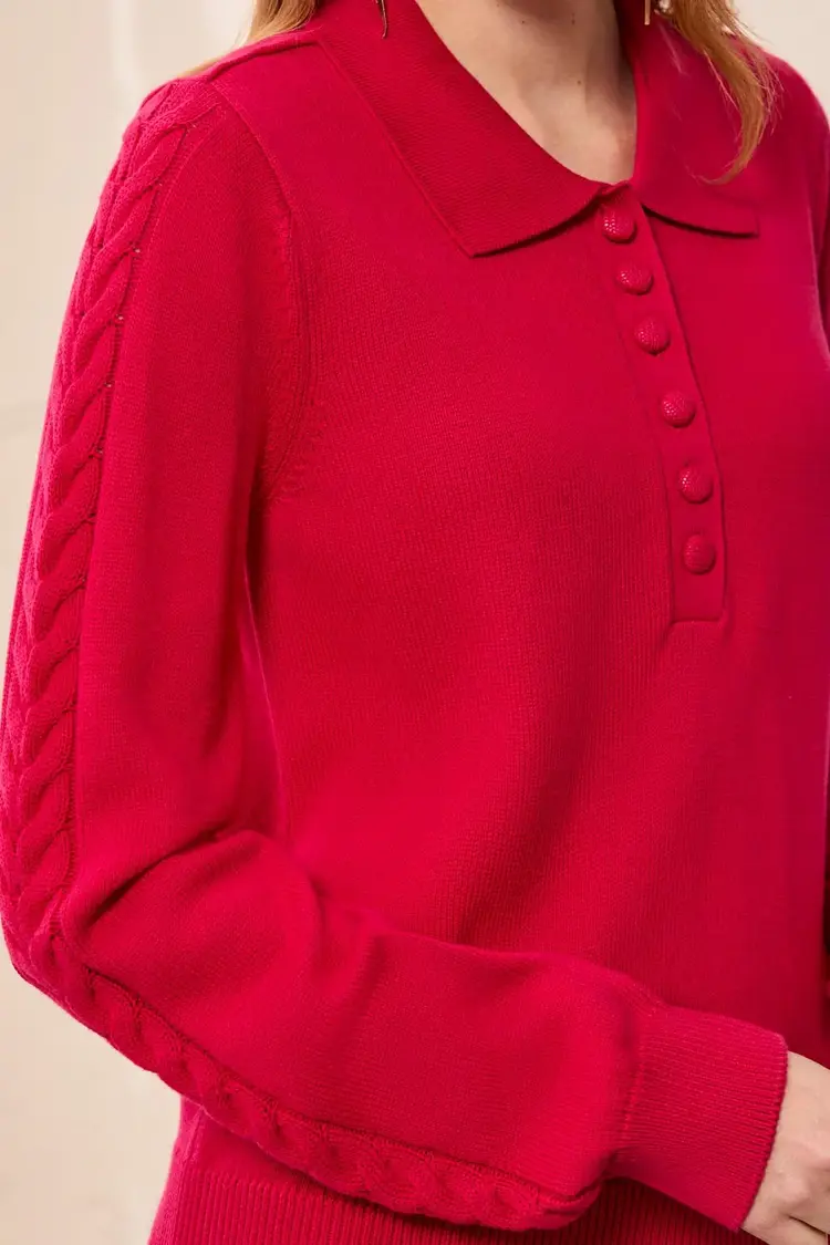 Tribal Tribal Long Sleeve Polo Sweater With Cables Detail 3214O