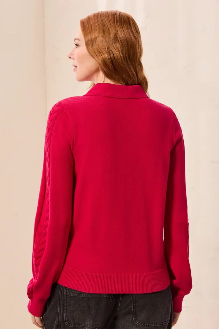 Tribal Tribal Long Sleeve Polo Sweater With Cables Detail 3214O