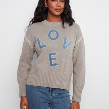 Charlie B Charlie B Long Sleeve Drop Shoulder Mock Neck Sweater W/ Denim Patches C2026